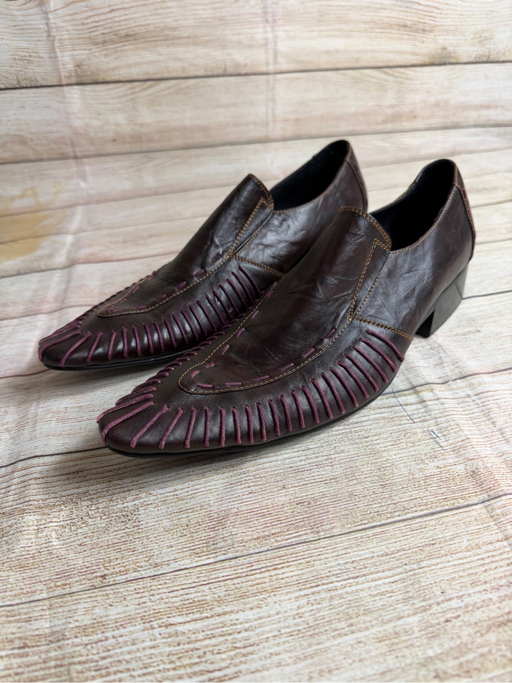 Guess by Aurelio Garcia point toe brown leather purple stitching. Size 8